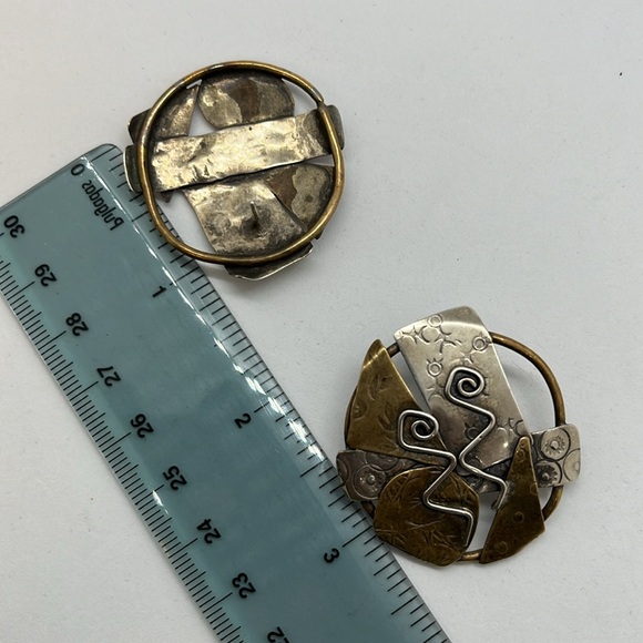 Brutalist artisan silver and brass post earrings - Picture 7 of 7